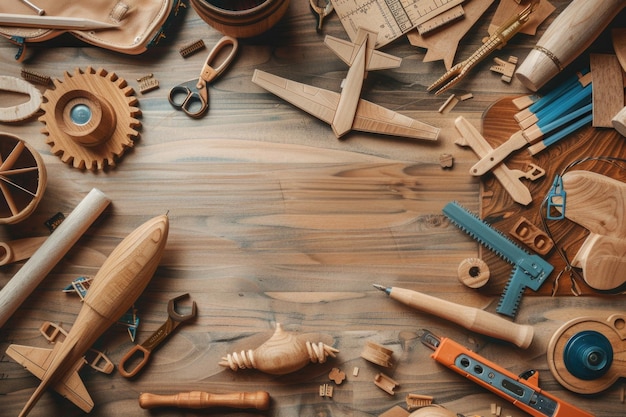 DIY project work table with handmade wooden toy airplane