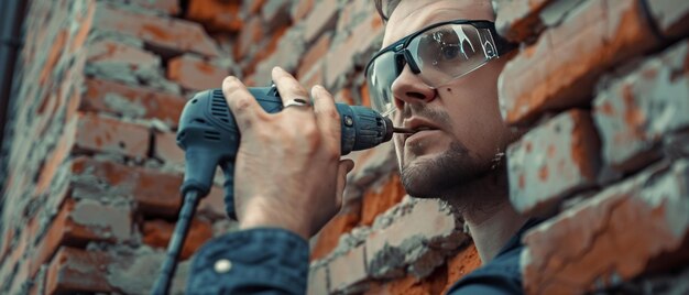 Photo diy renovation watch a man in goggles drill through a brick wall at 730 am