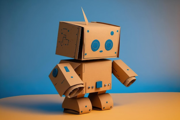 Diy robotics toy made cardboard robot on blue panorama background with free space