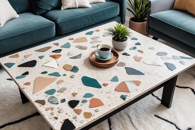 DIY Terrazzo koffietafel met artistieke inlegstukken