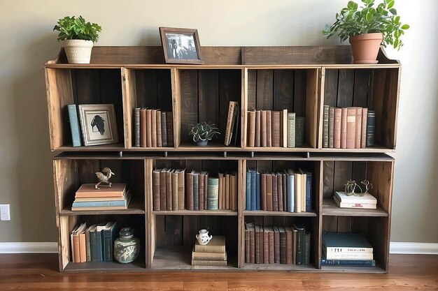 DIY Wooden Crate Bookshelf with Antique Book Collection