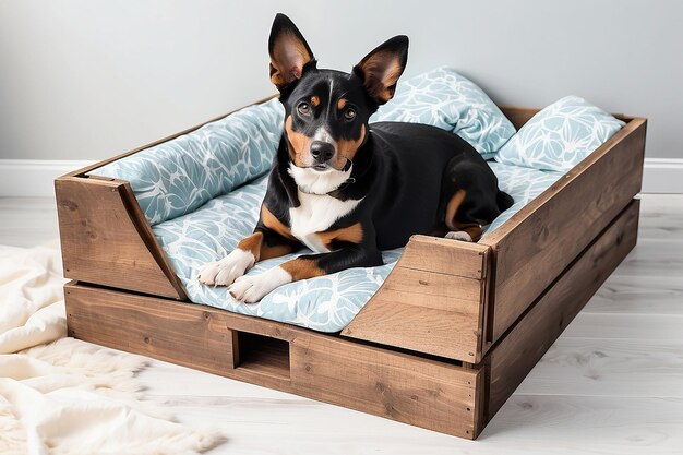 Photo diy wooden crate pet bed with cozy bedding