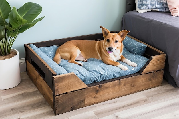居心地の良い寝具を備えた木製の箱のペットベッド