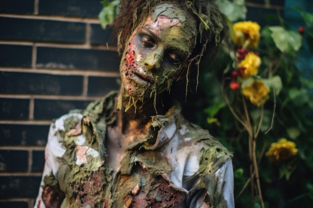 Foto costume da zombie fai da te, vernice verde per il viso e vestiti strappati