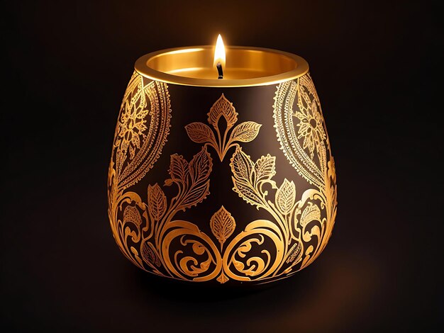 Diya candle adorned with traditional Indian motifs and patterns emitting a soft