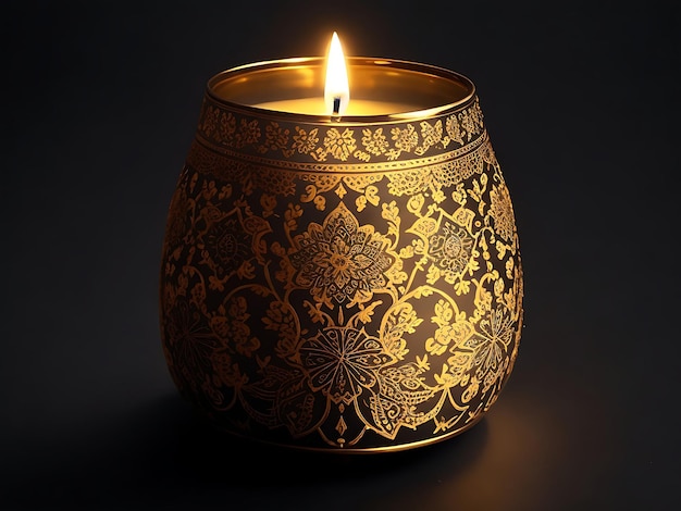 Diya candle adorned with traditional Indian motifs and patterns emitting a soft