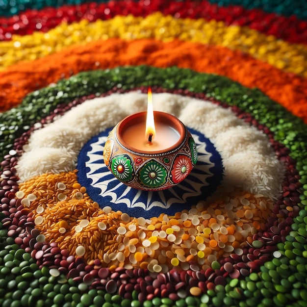 Diya on Colorful Grains Indian Flag Inspired Arrangement
