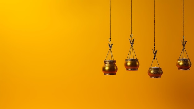 Diya lamp hanging on yellow background