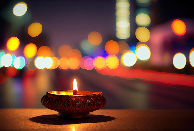 Diya lamp with bokeh light at the downtown street in Diwali festival Generative AI