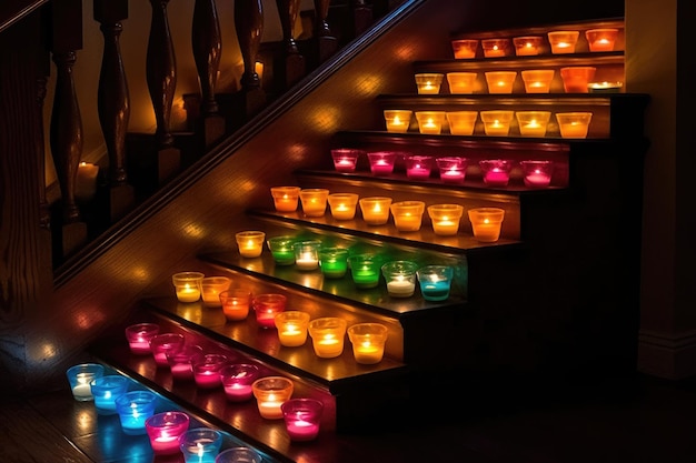 Diya Lamps In Bright Colors On Stairs Generative AI