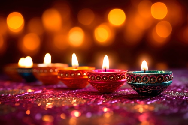 Foto lampade diya e candele accese durante il felice diwali sullo sfondo della tradizionale festa delle luci deepavali celebrazione generata ai