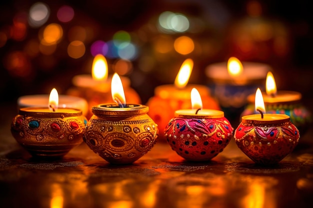 행복한 디왈리 배경에서 디야 램프와 촛불이 켜져 있습니다. 전통 빛 축제 디파발리 축하 행사에서 AI가 생성되었습니다.