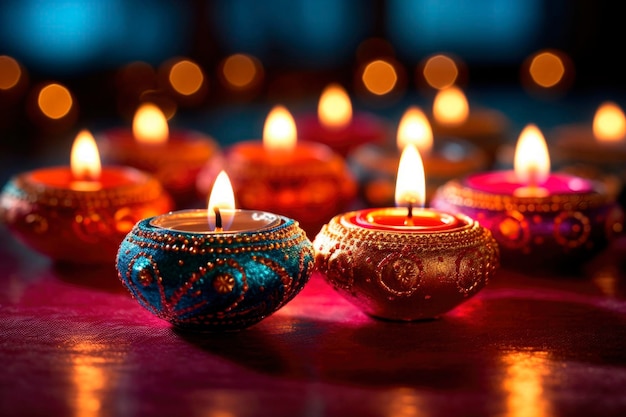 행복한 디왈리 배경에서 디야 램프와 촛불이 켜져 있습니다. 전통 빛 축제 디파발리 축하 행사에서 AI가 생성되었습니다.