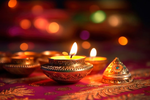 Diya lamps and candles lit during happy Diwali background Traditional festival of lights Deepavali celebration generated AI