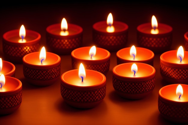 Diya lamps lit decorated with mandala painting for Diwali Festival of lights Indian glowing candles