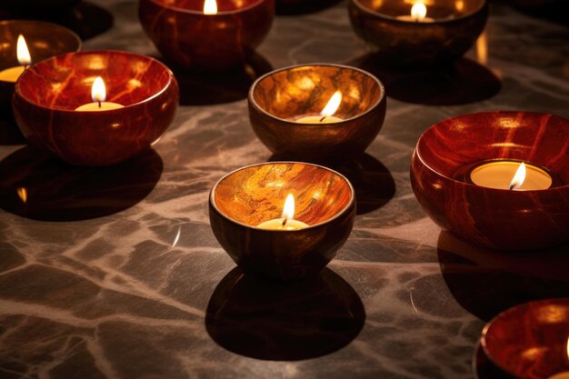 Diya lamps lit on a marble surface casting shadows