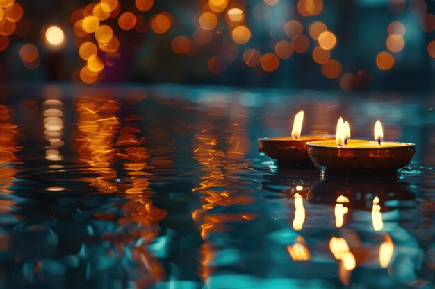 Photo diya lamps on a reflective base with glittering bokeh