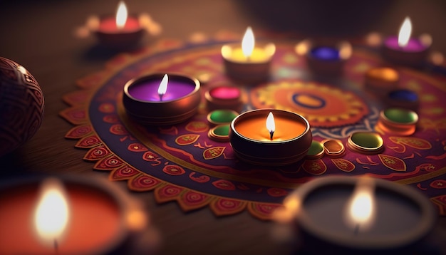 rangoli Diwali 축하 컨셉의 Diya 조명 램프 Generative AI
