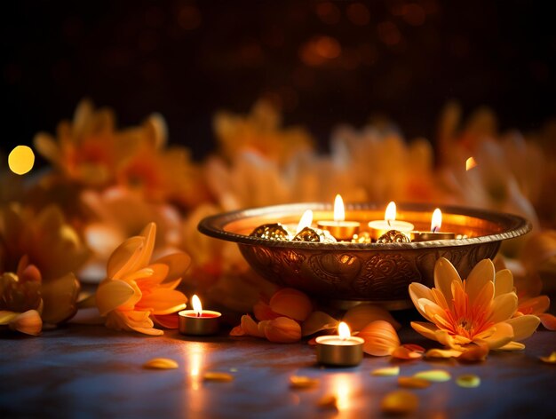 Diya met bloemrangoli Gelukkige Diwali-achtergrond