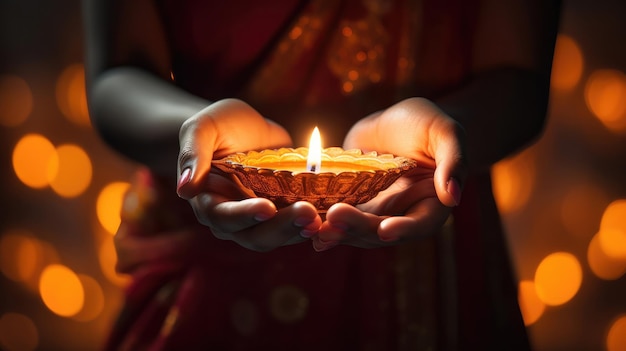 Diya oil lamp lit in woman hands