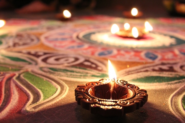 Diya on Rangoli At Diwali in India