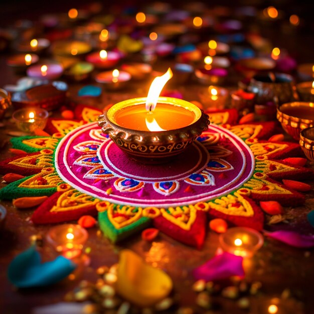 Diya placed in middle of colorful rangoli happy Diwali background