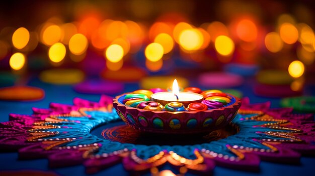 Diya placed in middle of colorful rangoli happy diwali background