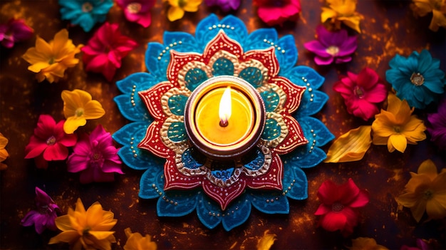 Diya는 다채로운 rangoli 꼭대기 전망 행복한 Diwali 배경 중앙에 배치되었습니다.