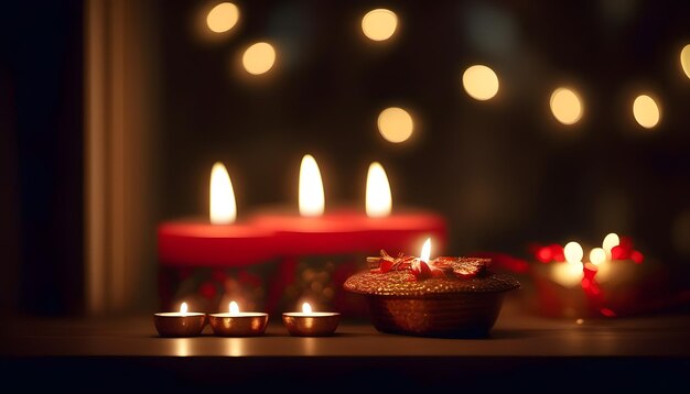 Diya's en snoepjes bij het raam, prachtige bokeh-effect diwali-vibes rondom