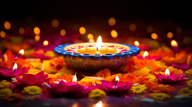 Diya with flower rangoli Happy Diwali background