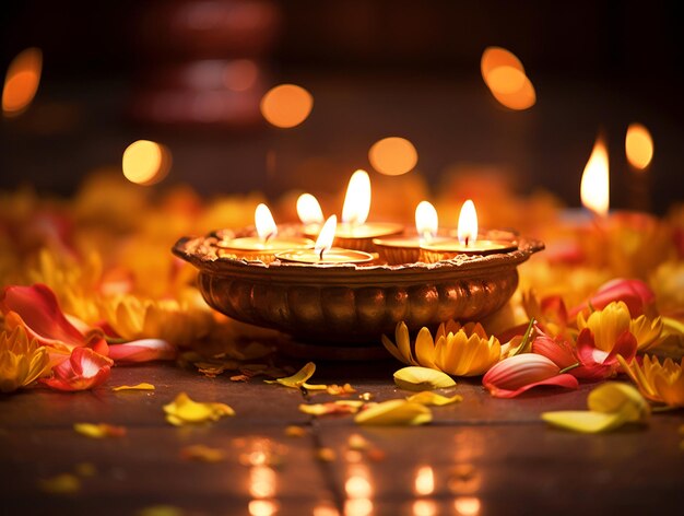 Diya with flower rangoli Happy Diwali background