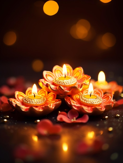 Photo diya with flower rangoli happy diwali background