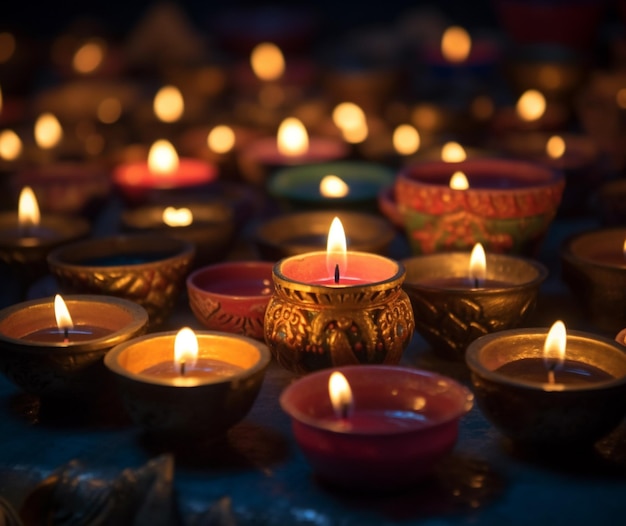 Diyas en kaarsen verlichten de nacht.