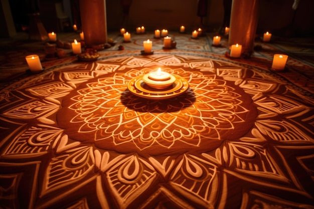 Diyas lighting up ethnic kolam design