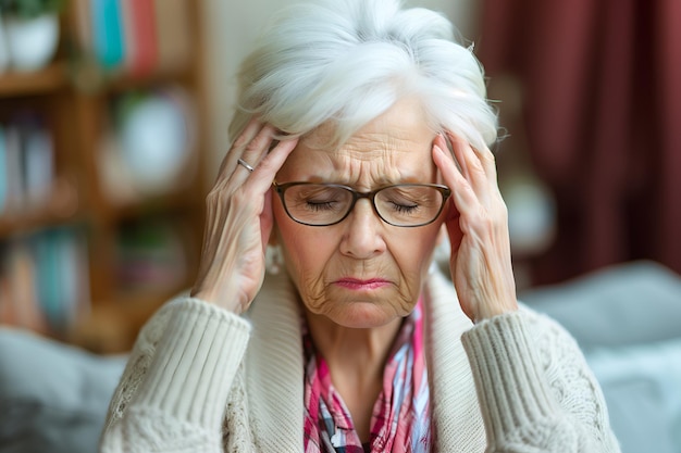 Dizziness or headache of Caucasian senior woman