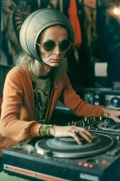 DJ Alien aan boord van vintage stijl illustratie jaren '70 retrofuturisme illustratie AI gegenereerd