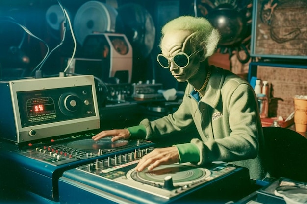 DJ Alien aan boord van vintage stijl illustratie jaren '70 retrofuturisme illustratie AI gegenereerd