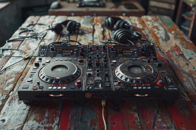 DJ-apparatuur op een rustieke houten achtergrond