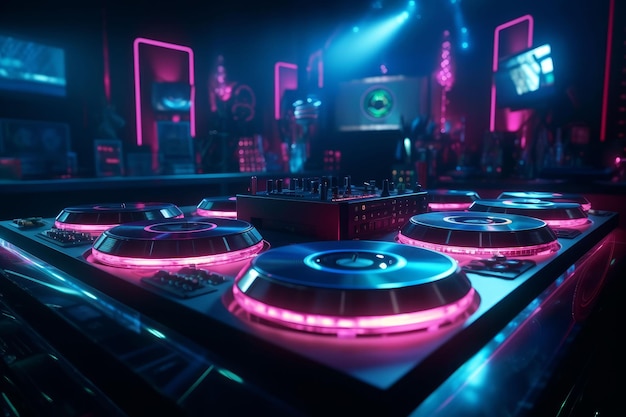 DJ audio mixer controller of electronic music in a nightclub Created with Generative AI technology