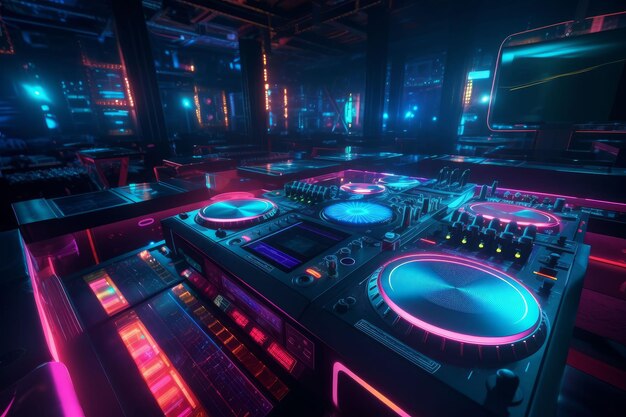 DJ audio mixer controller of electronic music in a nightclub Created with Generative AI technology