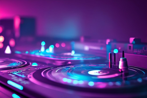 Dj audio mixer controller for mixing of electronic music in a\
nightclub party selective focus 2d illustration