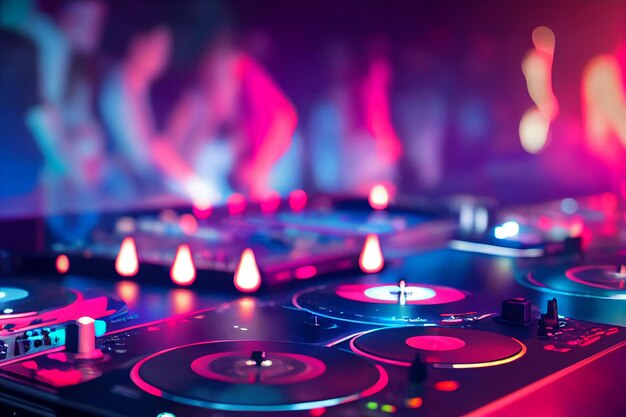 Photo dj audio mixer controller for mixing of electronic music in a nightclub party. selective focus. 2d illustration.