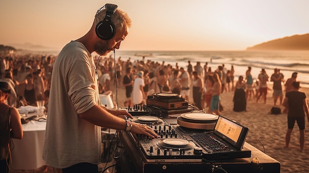 A dj at a beach with a crowd of people in the background