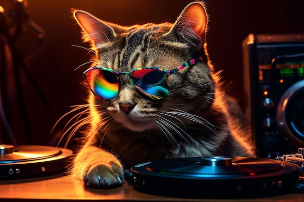 Photo dj cat with glasses colors and headphones in the club