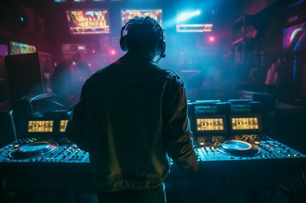 A dj at a club with a neon sign in the background