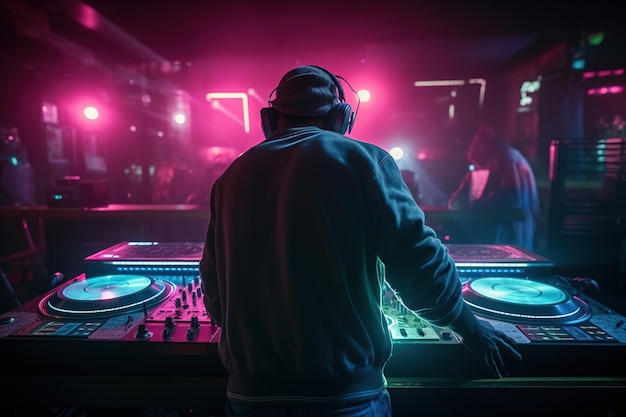 A dj at a club with a pink light behind him