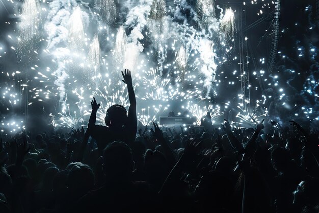 DJ concert festival with fireworks and silhouette crowd