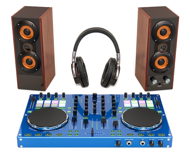 DJ-console met luidsprekers en koptelefoon 3D-rendering