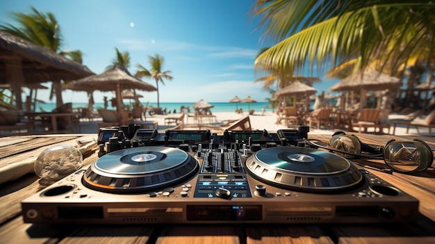 Photo dj console set up for vibrant beach party