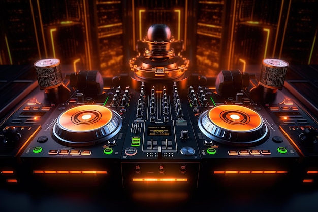 Photo a dj console with a red light on the front and the word dj on the front.